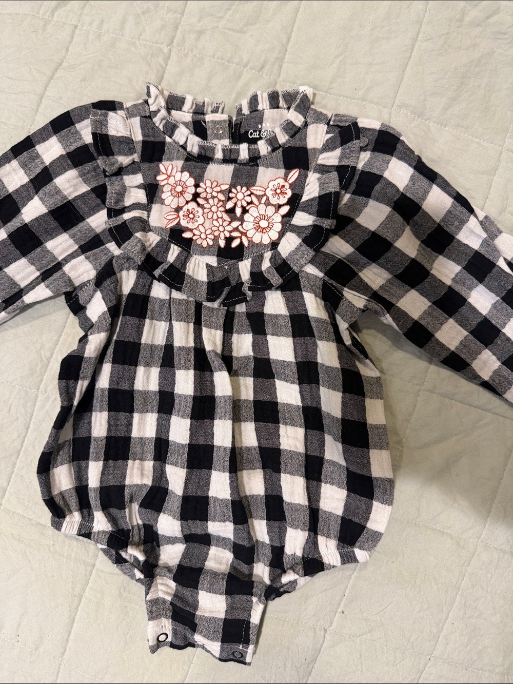 Cat & Jack Black and White Gingham Romper with Red Floral Detail